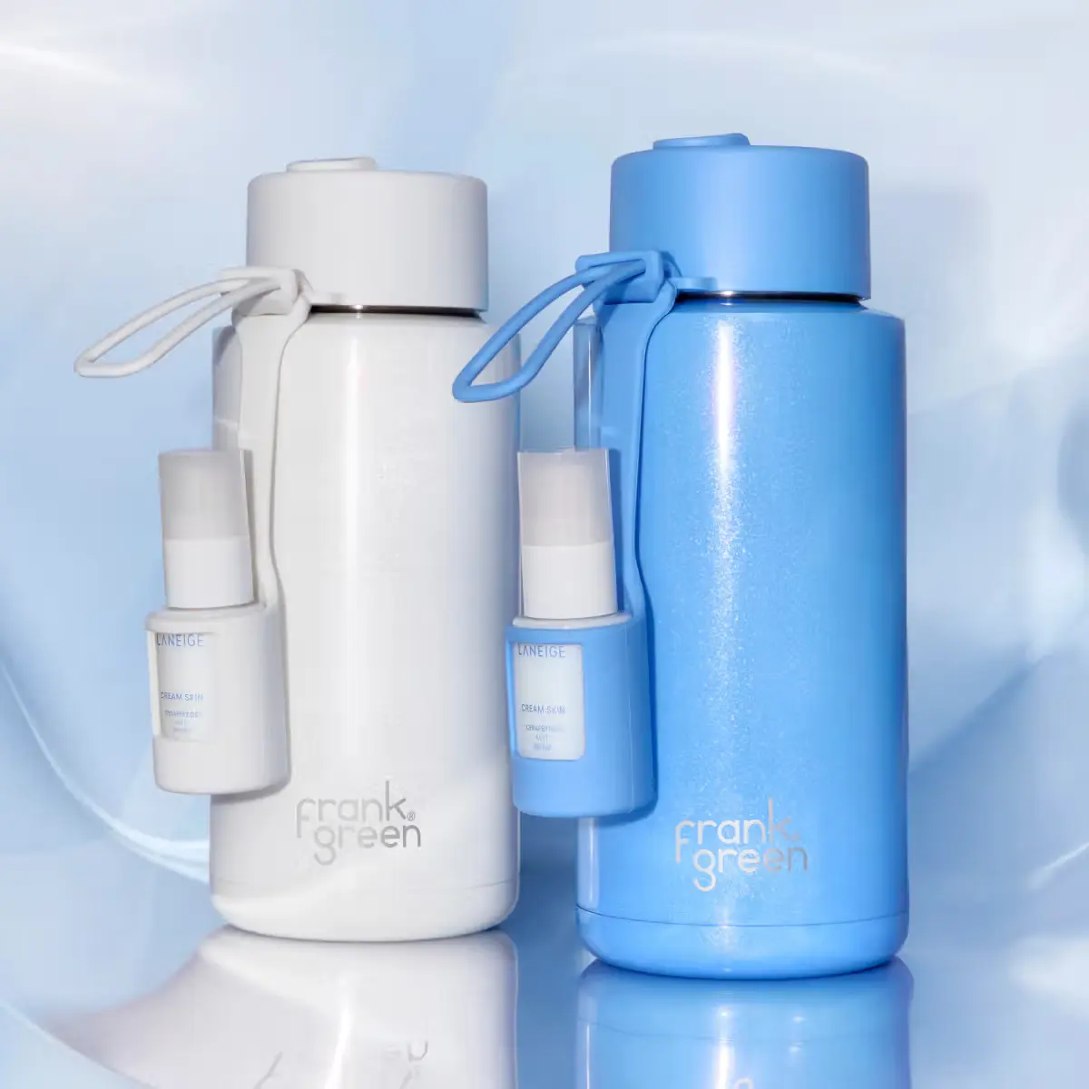 The Laneige x frank green bundle pairs a shimmer-finish 34 oz bottle with a clip-on Cream Skin Mist for hydration on the go.