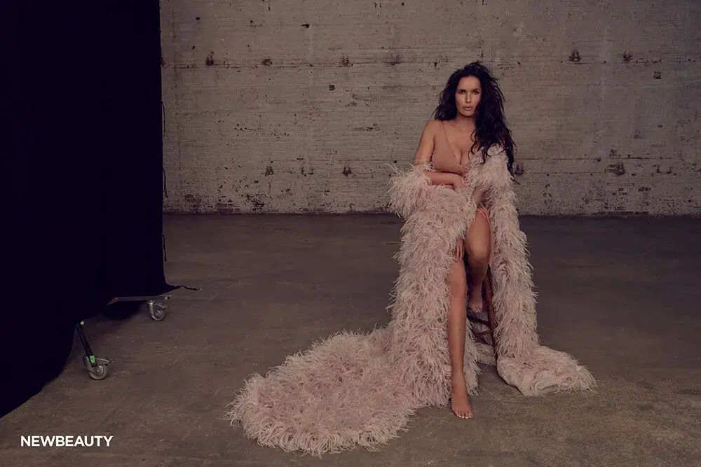 Padma Lakshmi pink shag cape