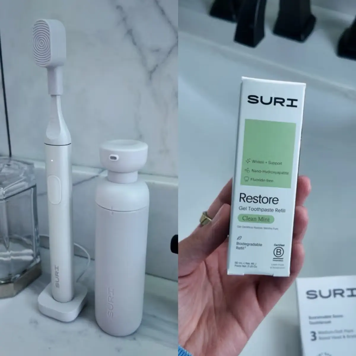 SURI electric toothbrush in Sea Mist, Restore Gel Refillable Toothpaste bottle in Stone, and Restore Gel Toothpaste Refill in Clean Mint.